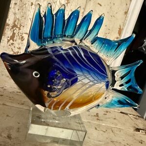 GCA Handblown Glass Fish Sculpture - Blue and Brown